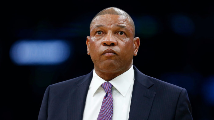 Los Angeles Clippers head coach Doc Rivers reacts during the second half against the Boston Celtics at TD Garden.
